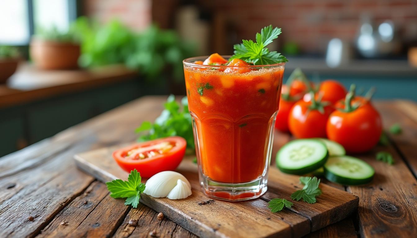 découvrez notre recette express de gaspacho au thermomix, une soupe froide rafraîchissante idéale pour l'été, rapide à préparer et pleine de saveurs.