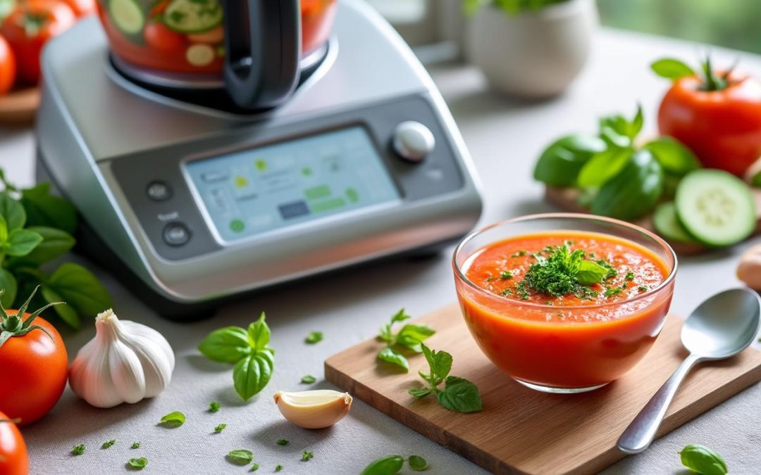 découvrez une recette fraîche et express de gaspacho au thermomix, parfaite pour les repas d'été et facile à préparer en quelques minutes.