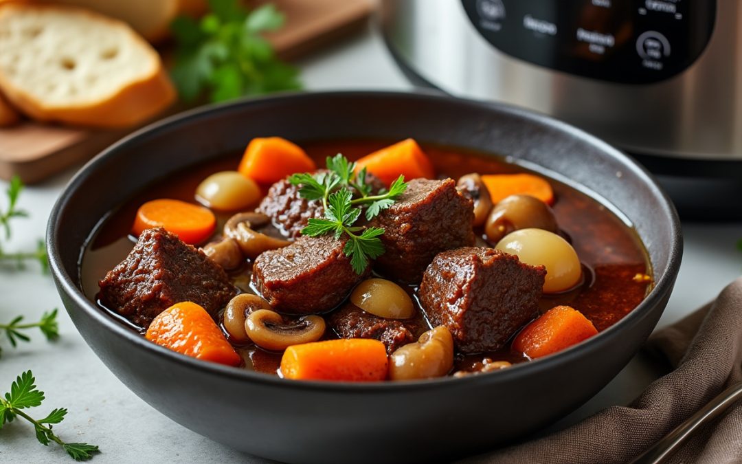 découvrez une recette traditionnelle de bœuf bourguignon rapide et facile à réaliser avec votre cookeo. savourez un plat mijoté riche en saveurs en un temps réduit.
