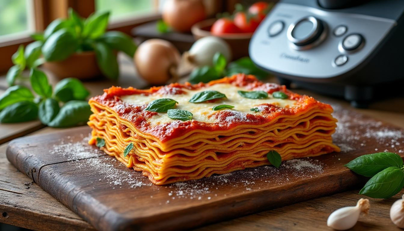 Lasagnes au Thermomix : sauce onctueuse et montage parfait 1 découvrez comment préparer des lasagnes au thermomix avec une sauce onctueuse et un montage parfait pour un plat savoureux et facile à réaliser.